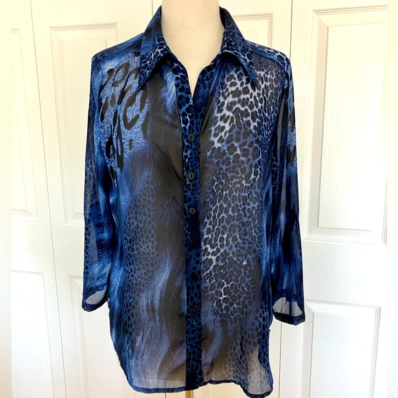Clara Sun Woo Tops - CLARA SUN WOO Leopard Blue Tunic Shirt Sheer Size  Small